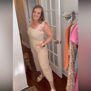 Pink Lily Pale Yellow and White Gingham Jumpsuit